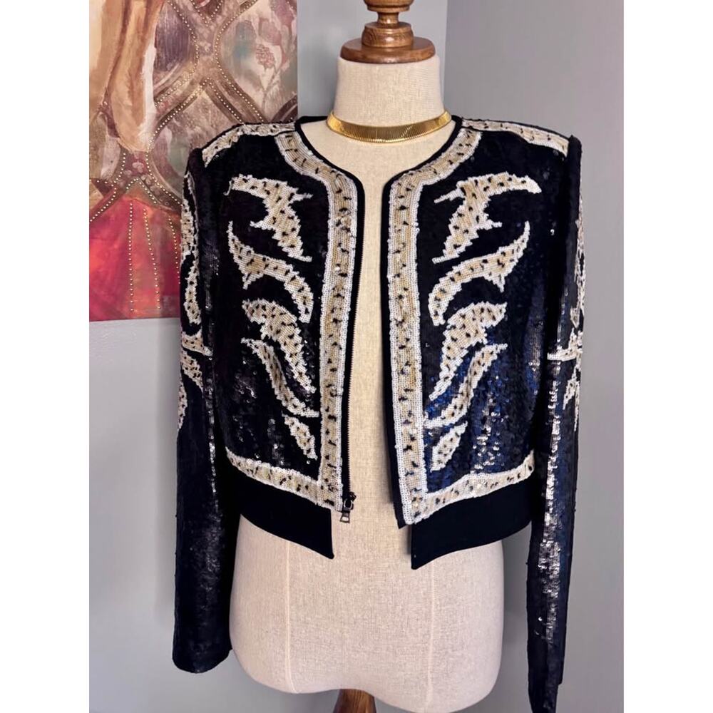 BCBG Maxazria Embellished Cropped Jacket – Black & Gold